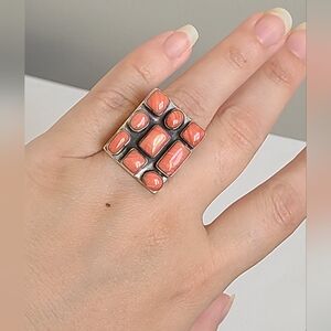 Vintage 60s Boho Sterling Silver Large Chunky Orange Coral Geometric Ring